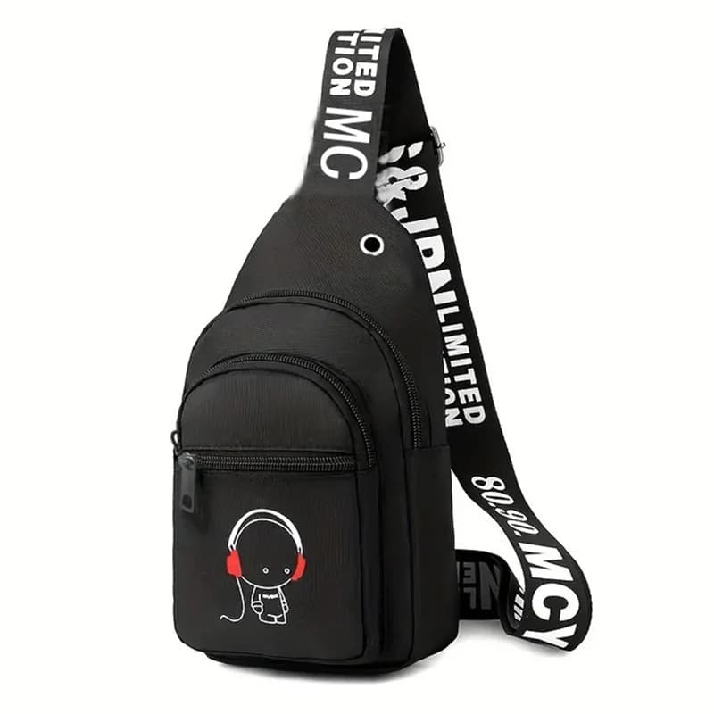 Men's backpack with double zippers, shoulder strap, letter pattern, suitable for business travel and photography.