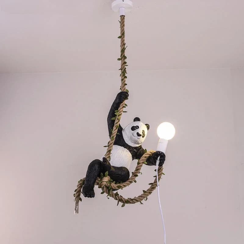 Indoor Lighting Vintage Resin Panda Pendant Light Loft Hemp Rope Hanging Lamp Fixture Home Decor Luminaire Suspension Chandelier