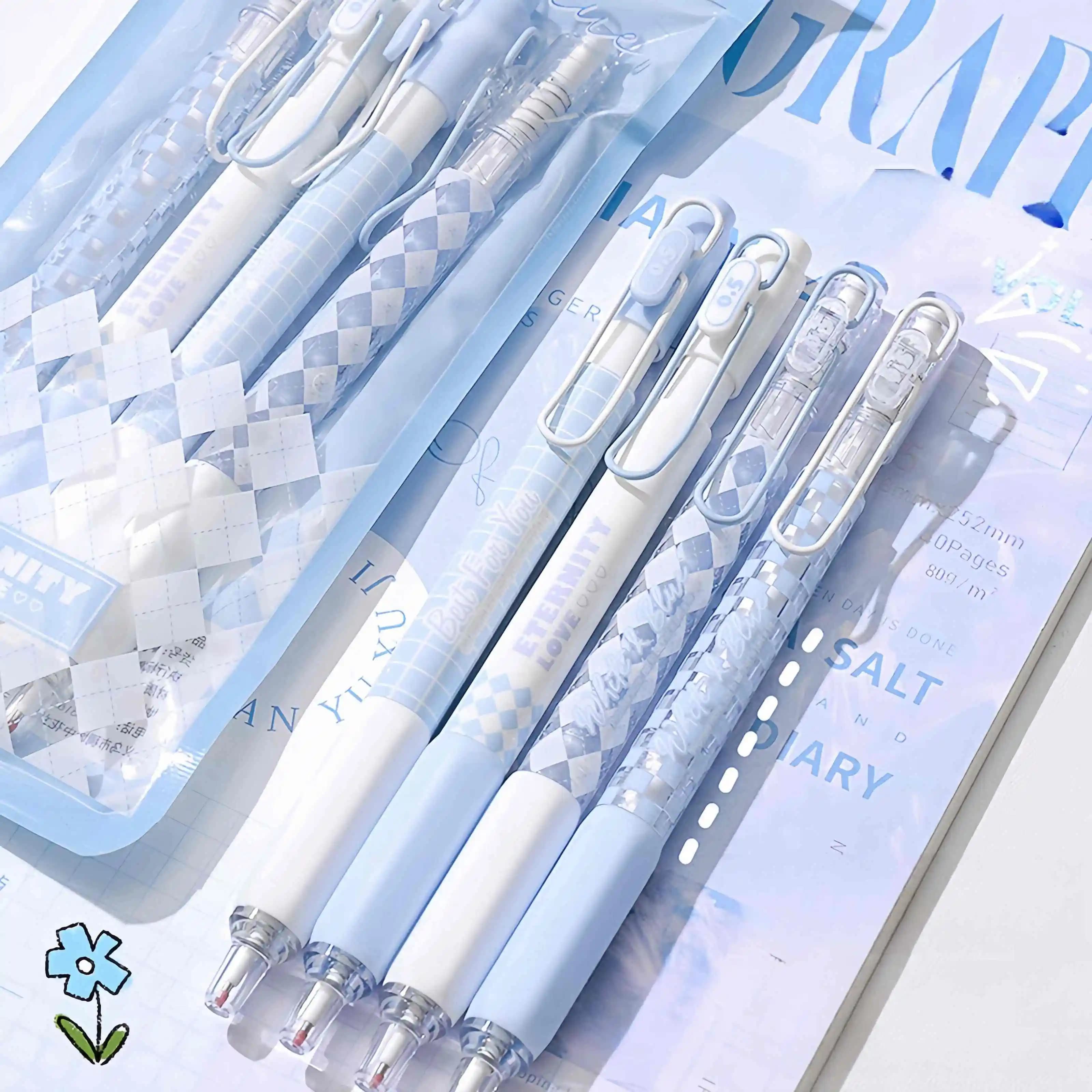 4 blue and white neutral pens, fast drying, smooth writing, suitable for students to write daily office work