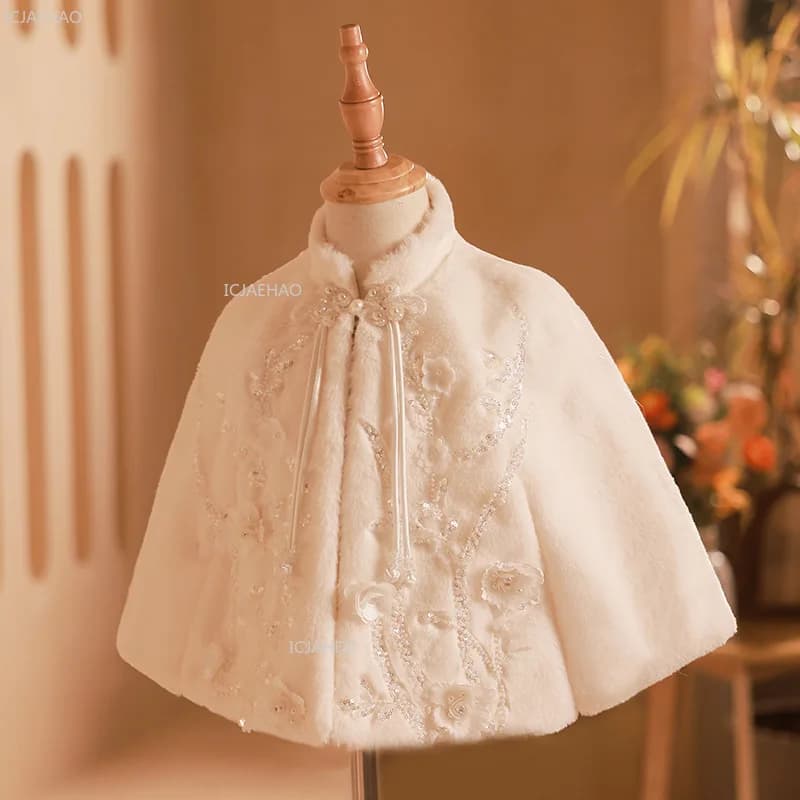 Girls Costumes Winter Warm Thick Shawl White Bridal Pageant Fashion Show Outerwear Kids Clothes Children Flower Girl Wedding