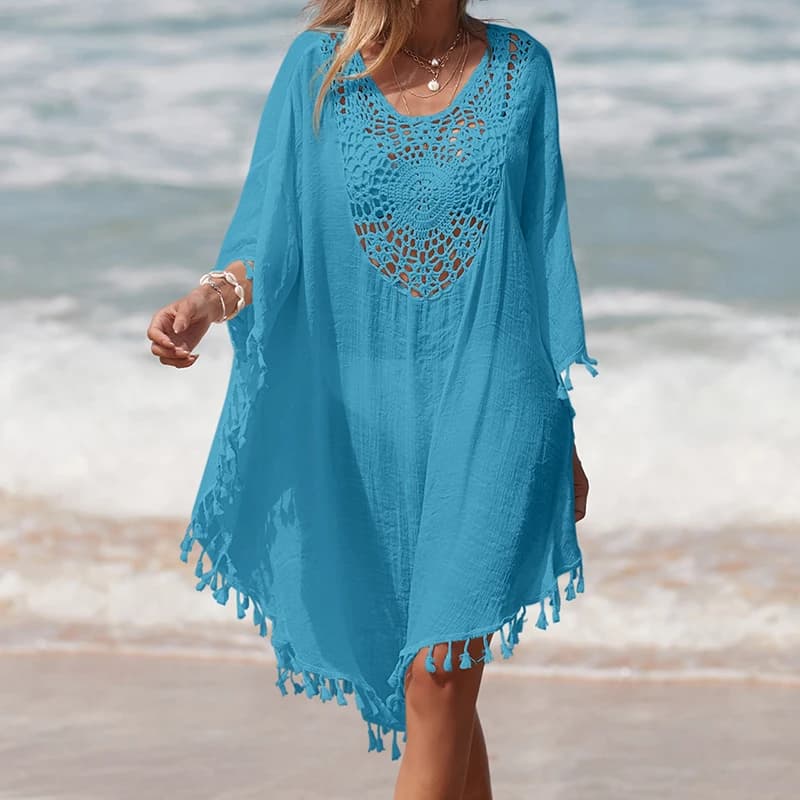Women's Handmade Crochet Splicing Swimsuit Cover-Ups With Tassel Summer Holiday Beach Casual Loose Sunscreen Short Dress