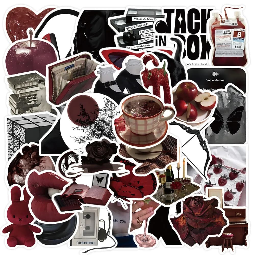 50 Pieces Red & Black Themed Stickers - Decorative Decals for Journals, Phone Cases & Laptops RecordingYourLife Store