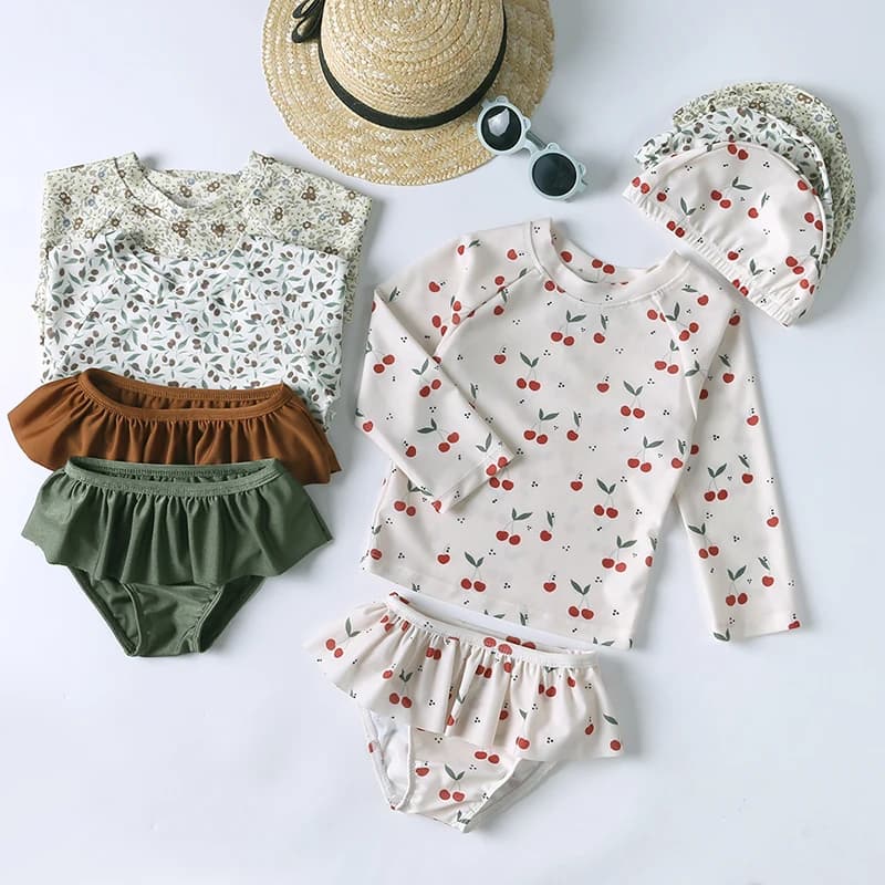 Kids Swimming Suit Girls Cute Swimwear Children Swim Suit Long Sleeve Toddler Swimsuits Kids Swimwear with Hat