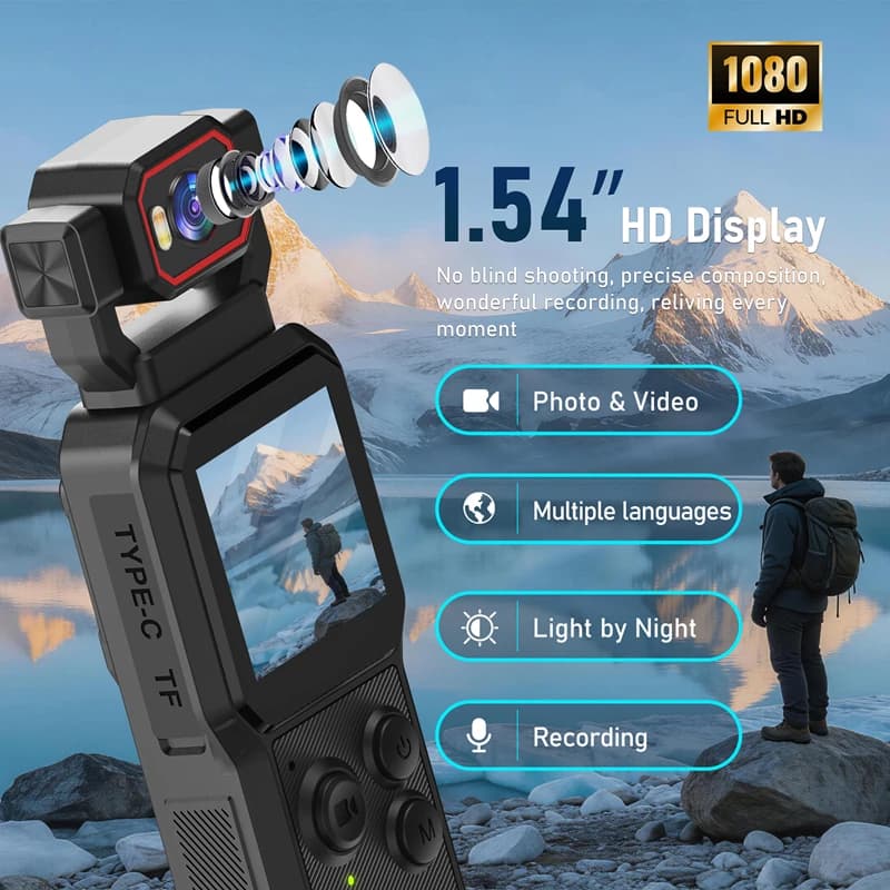4K HD Action Camera with Screen Wi-Fi Rotating Lens Night Shooting Flash and Portable Handheld Vlog Recorder