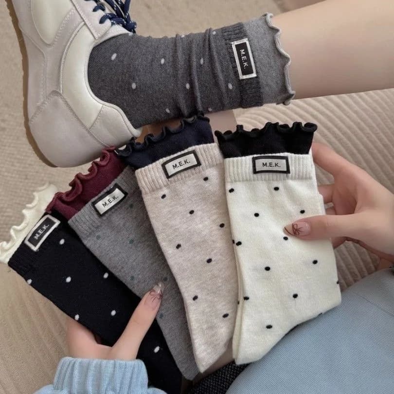 Socks For Women New Dots Cute Frilly Casual Fashion Long Socks Breathable Preppy Style Ladies Novelties Socks Cotton Soft Comfy