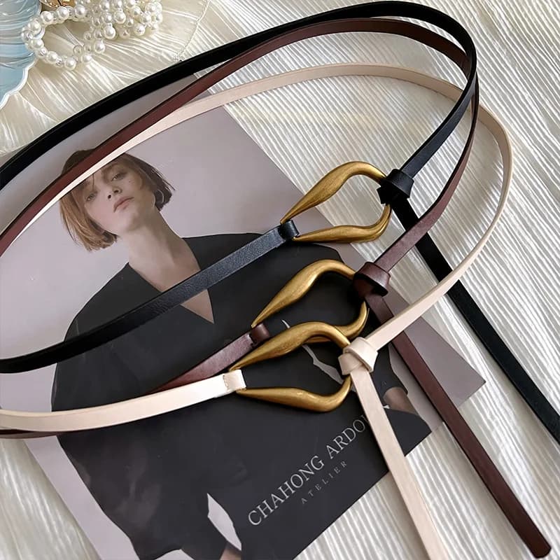 Women Knotted Thin Belts Solid Color PU Leather Metal Buckle Thin Long Waist Belts Lady Girls Dress Coat Decor Waistband