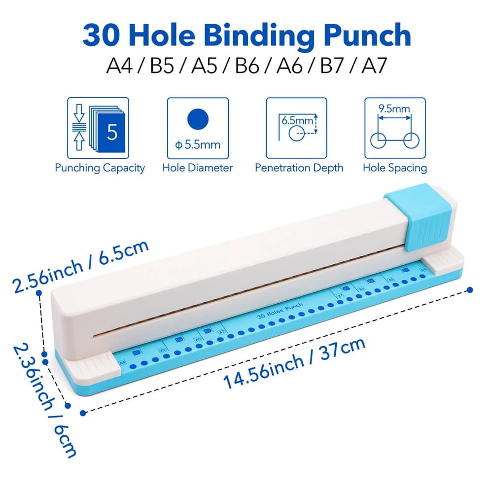 30 Hole Punch Binding Machine, Hand Push Loose Leaf Hole Punch, A4 A5 A6 A7 B5 B6 B7 Book Binder Notebook Coil Spiral Binding