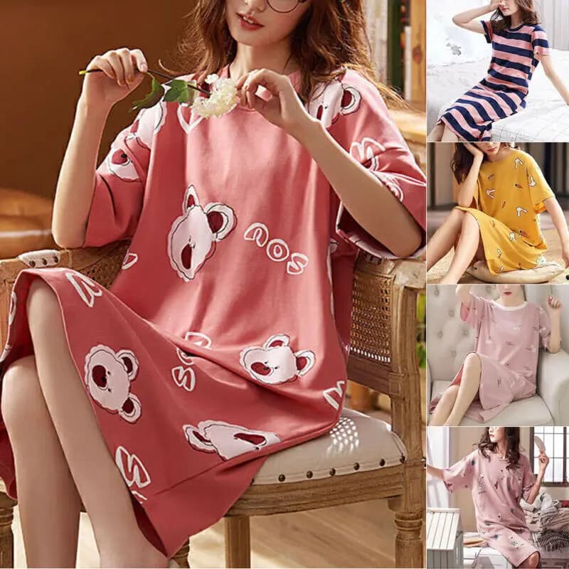 New Nightdress For Women Summer Sleep Shirts Girls Short Sleeve Cute Sweet Cartoon Loose Home Wear