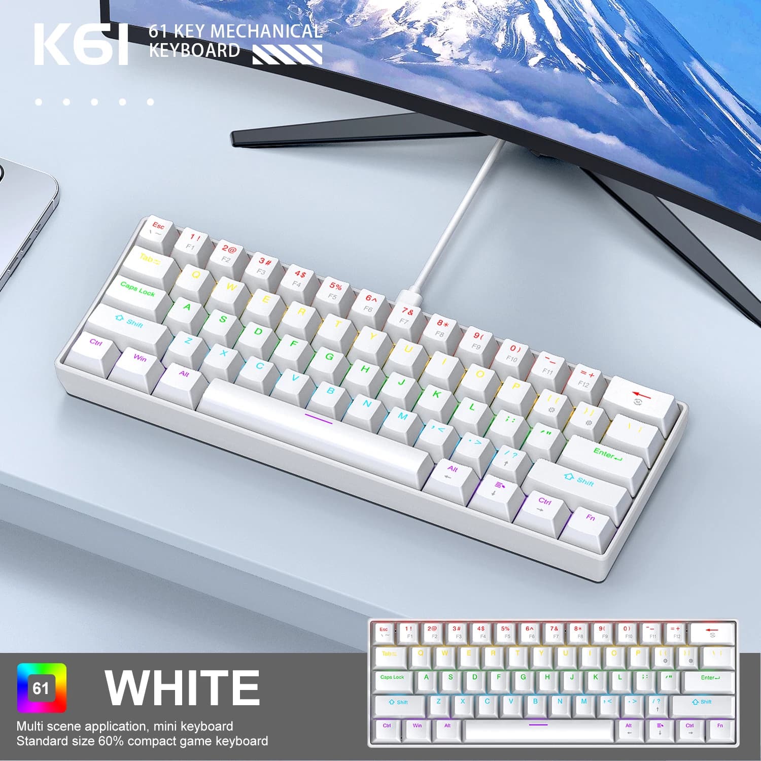 K61 Wired Mechanical Keyboard,61-key Design,1000Hz Return Rate,USB2.0 Full-speed Connection to Devices