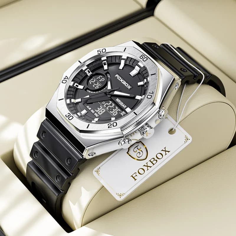 FOXBOX New Dual display Watches For Men Casual Sports Chronograph Quartz Big Dial Wrist Watch Silicone Waterproof Digital Clock
