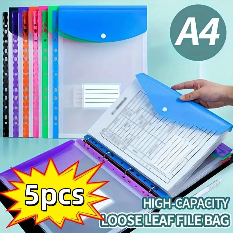 5-Pack Colorful A4 File Folders | 11-Ring Binder Pockets | Durable PP Organizer | For School, Office & Home | Secure Push-Button