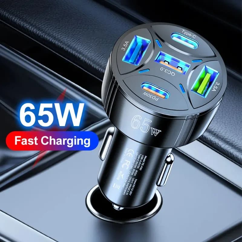 5 Port 65W USB Car Chargers Type C Car Charger Fast Charging PD QC3.0 Phone Charger in Car Cigarette Lighter Flash Charge