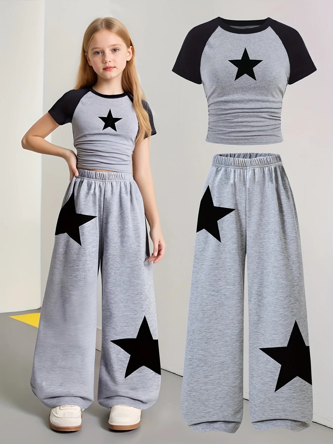 Girls' Clothing, 2-Piece Girls' Set, Five-Pointed Star Pattern, Gray Wide-Leg Sweatpants, Suitable for Spring, Autumn, and Summer, Loose Two-Piece Outfit for Going Out, Versatile for Home and Casual W