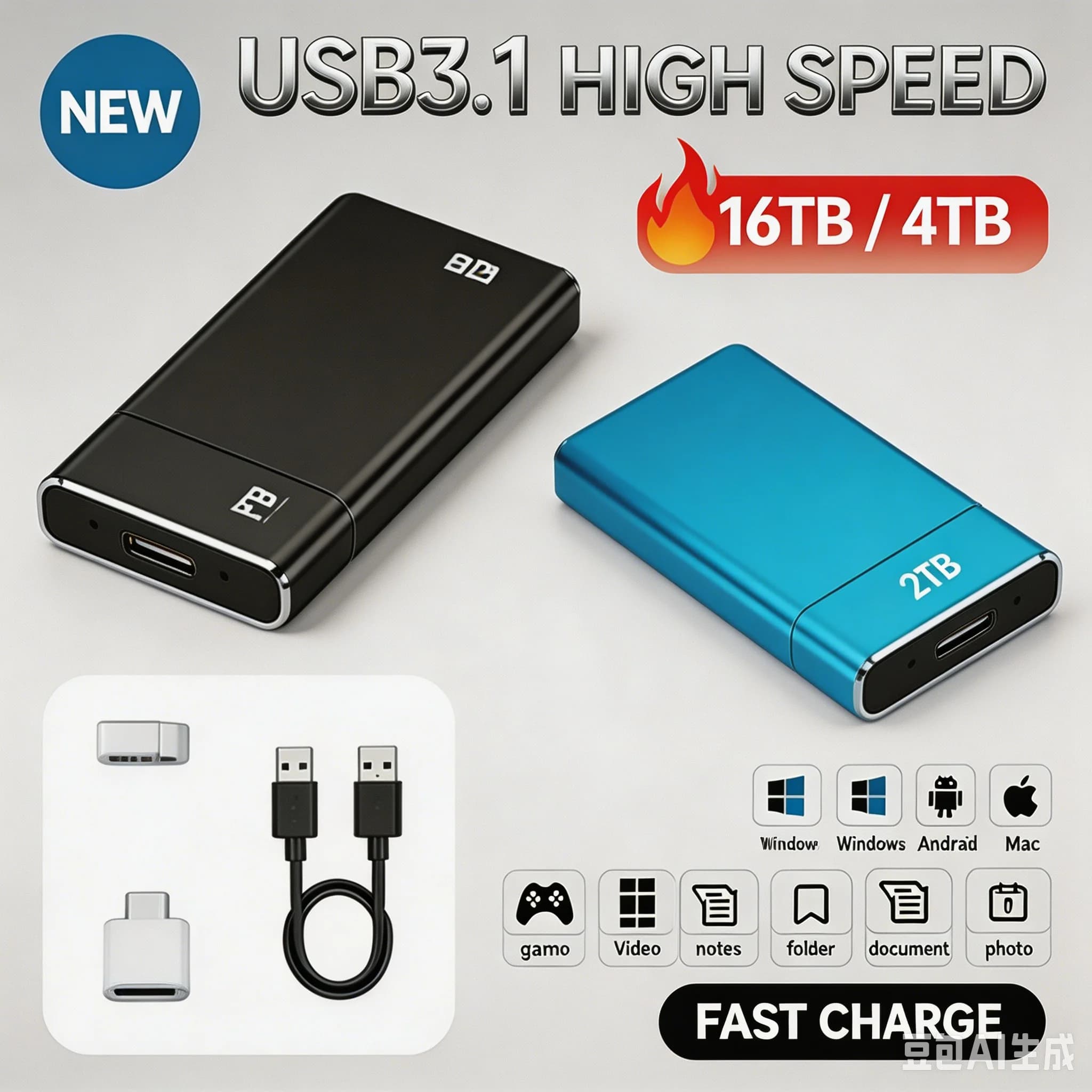 External Portable Solid State Drive USB3.2 High Performance SSD 1TB 2TB 16TB Storage Hard Disk Compatible with Multi Devices