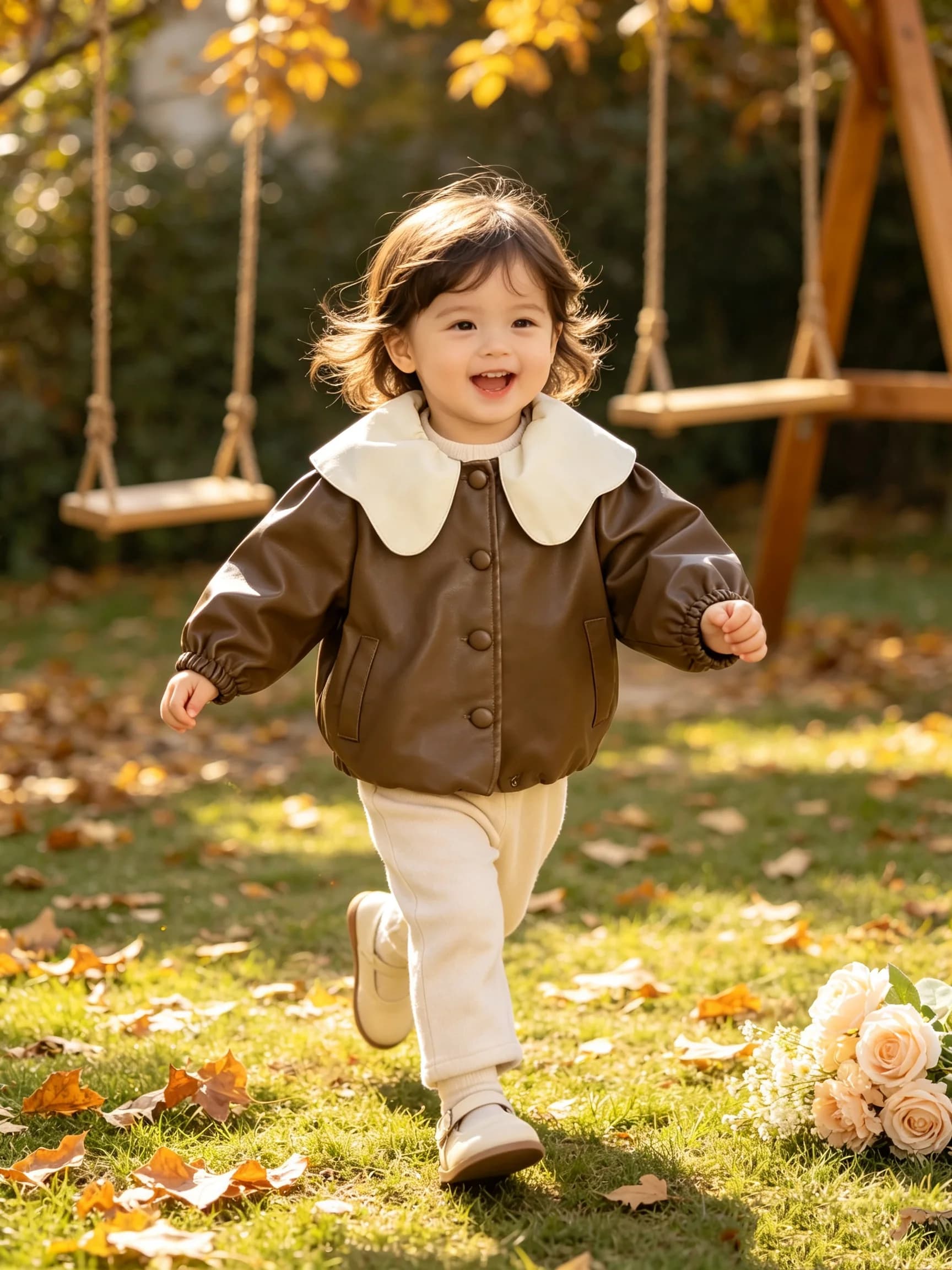 Girls PU Leather Jacket Autumn Winter Vintage Caramel Color Large Collar Baby Girl's Outerwear for Fall And Winter Seasons