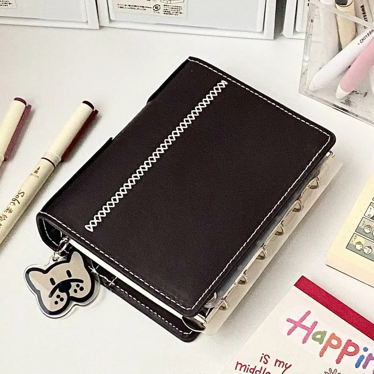 2 Binders A7 Notebook Detachable Loose-Leaf Dark Brown Notepad Portable Faux Leather Schedule Planner, With 80 Pages