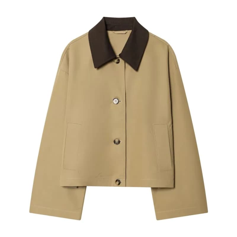 Women's Short Trench Coat with Contrast Collar New Spring Turn Down Collar Long Sleeve Button Women Coats Chic Female Jackets