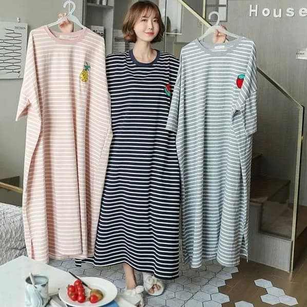 Summer Sleepwear Women's Midi Loose Short Sleeve Home Clothes Student Nightgown Cute Stripes Maternity Comfortable Nightdress