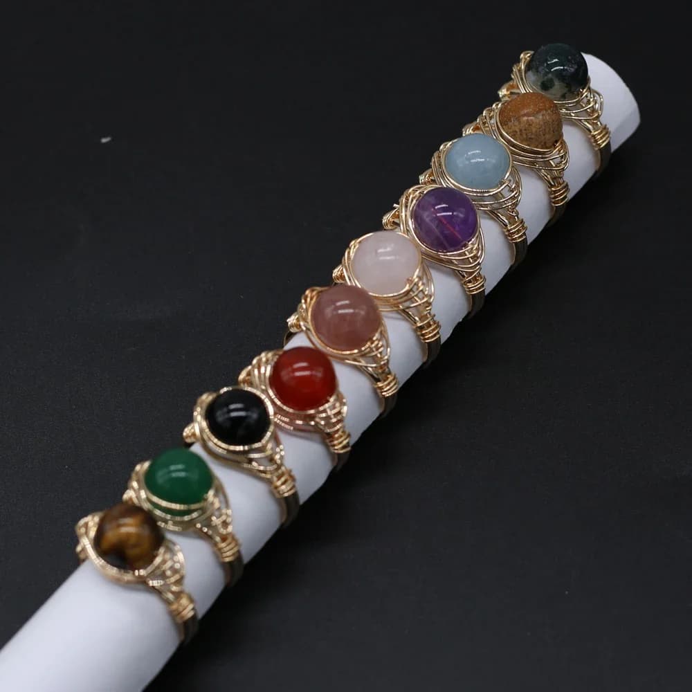 Natural Gems Stone Fashion Wire Wrapped Rings Reiki Healing Amethyst Agate Jade Tiger Eye Stone Resizable Ring Wedding Jewelry