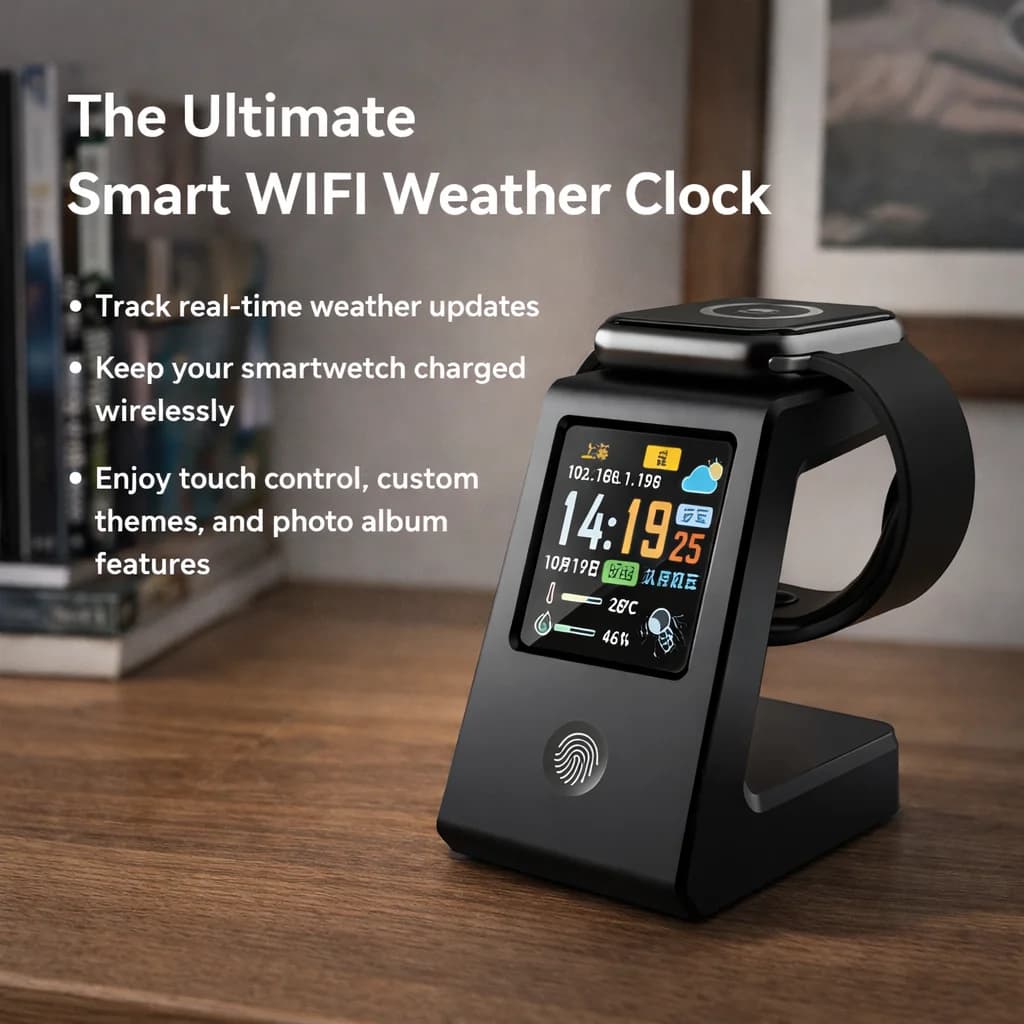Smart WiFi Weather Clock, Featuring Wireless Charging for Watches, Digital Table Clock, Real-Time Weather Display, Touch Control