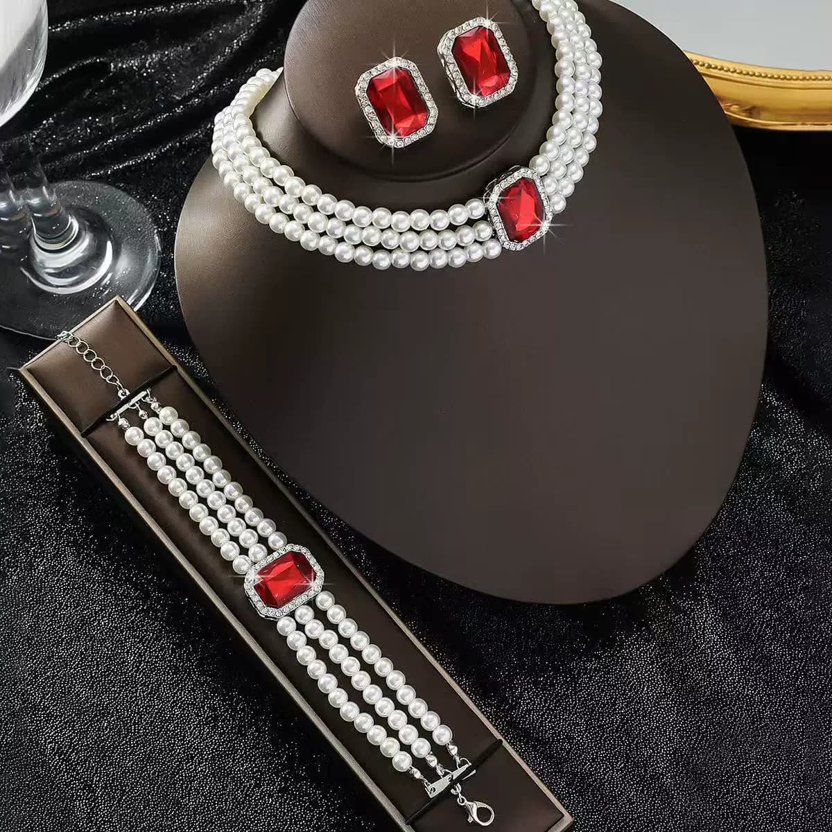 White Pearl Jewelry Set For Women Bridal Crystals Necklace Bracelet Earring Wedding Party Jewelry Sets