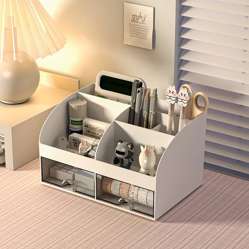 Desk Organizer with 2 Drawers, Multi-Compartment Plastic Desktop Storage Box for Stationery, Makeup & Office Supplies