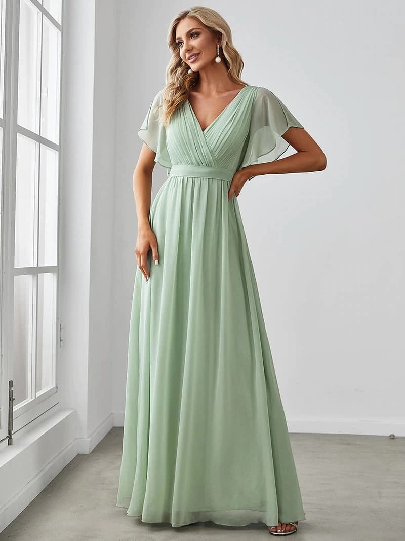 Elegant Evening Dresses Long A LINE Short Sleeve V-Neck Chiffon Floor-Length Gown Ever Pretty of Simple Prom Women Dress