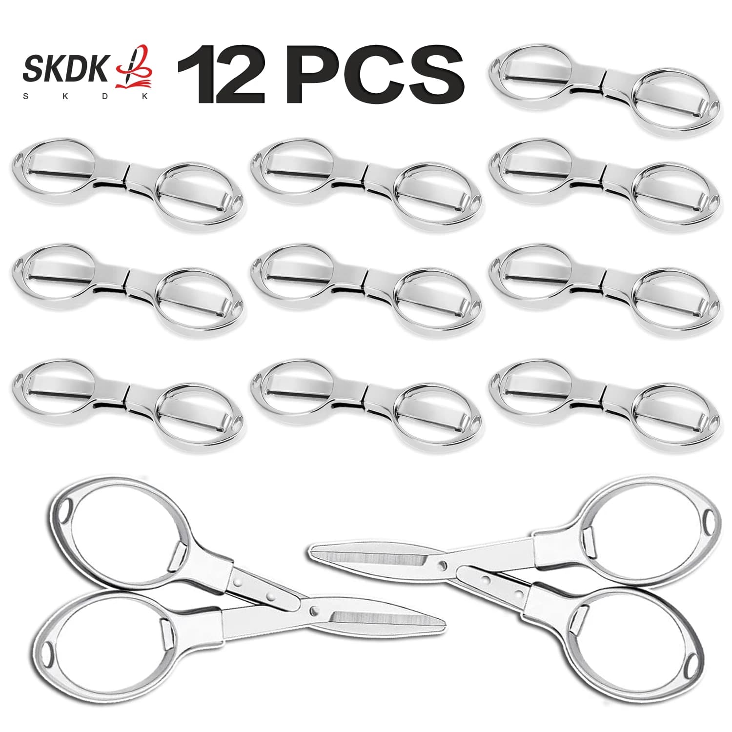 12Pcs Foldable silver scissors with stainless steel blades and a plastic handle. Ideal for school, office, home, and DIY crafts