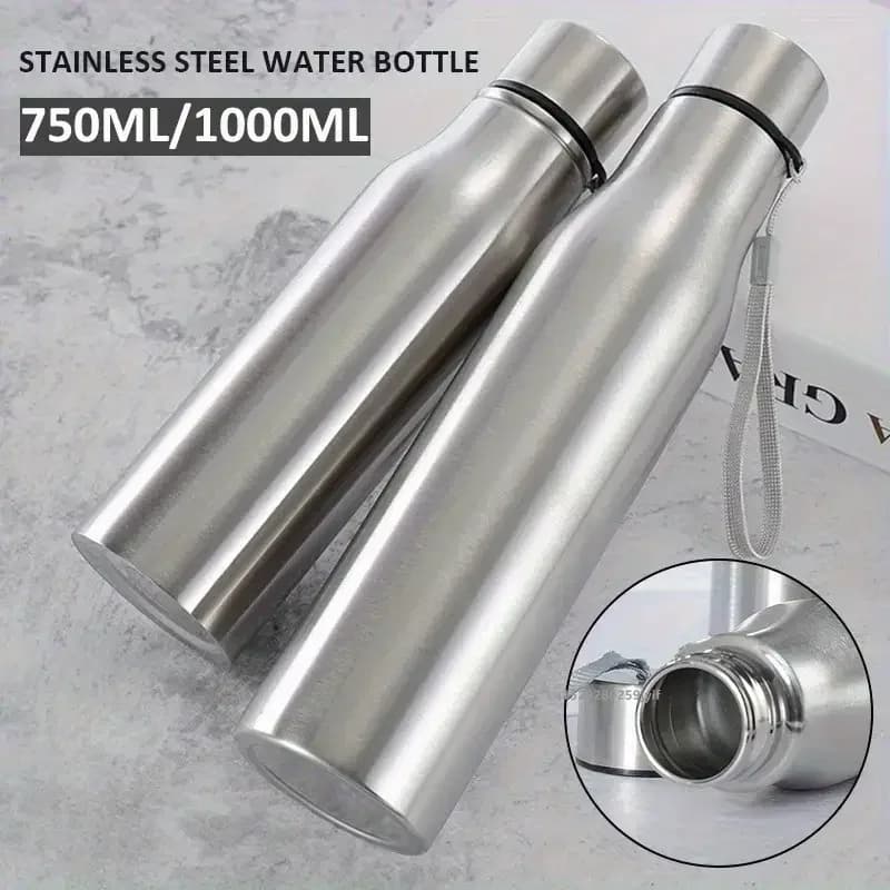 1pcs 750ml/1000ml Stainless Steel Water Bottle Single Wall Large Capacity Bottle with Carrying Strap for Hiking Sports Outdoor