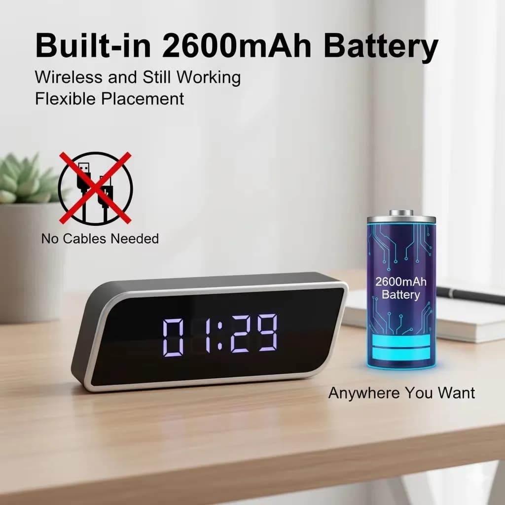 Digital Clock Camera 1080P FHD Wireless WiFi Cameras with Night Vision 2600mAh Battery APP Control Motion Detection Camcorders