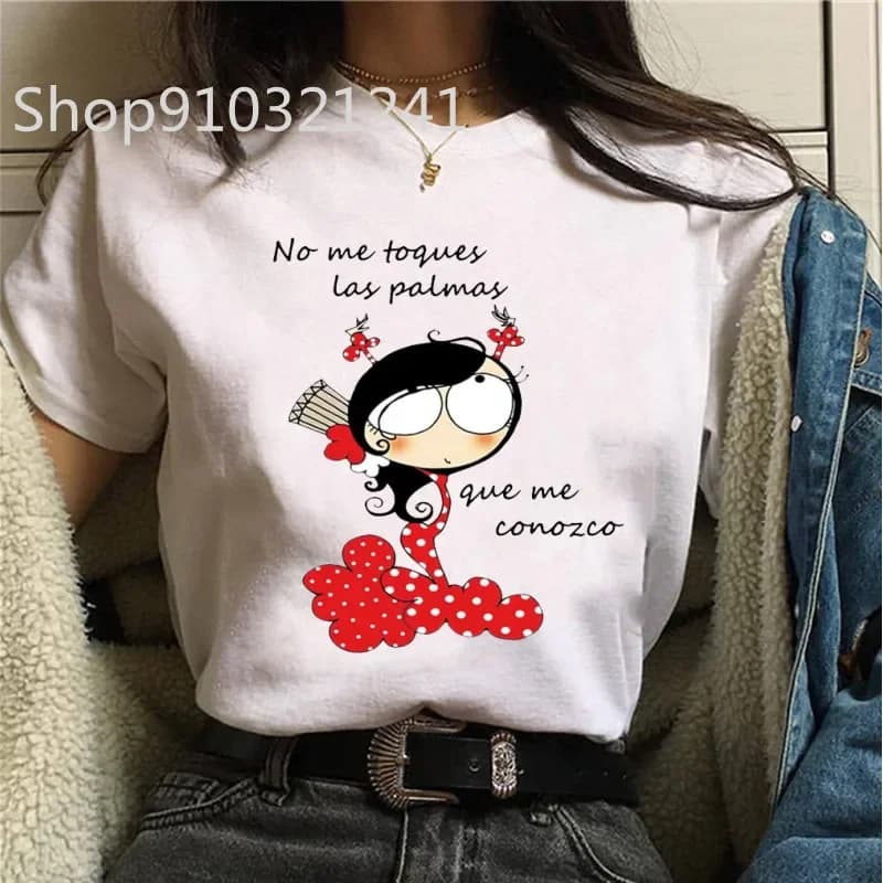 Women T-shirts Harajuku Tops Shirts Short Sleeve High Heel Print Flamengo Dance Tees Cartoon Graphic Female O-neck Shirt Clothes