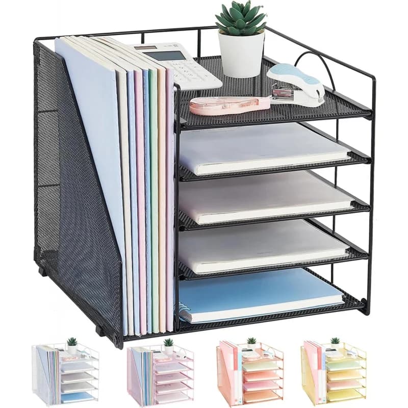 Desk Organizers and Accessories, 5-Tier Paper Letter Tray Organizer with File Holder, Desktop Organizer for Office Supplies