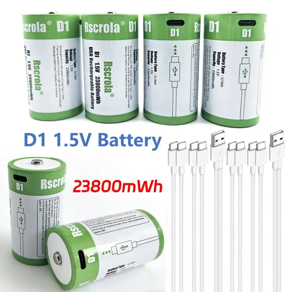 1.5V 23800mWh D Cell Batteries Rechargeable D Batteries with Charger Cable for Gas Cooker Water Heater Flashlight Radio Tool Toy