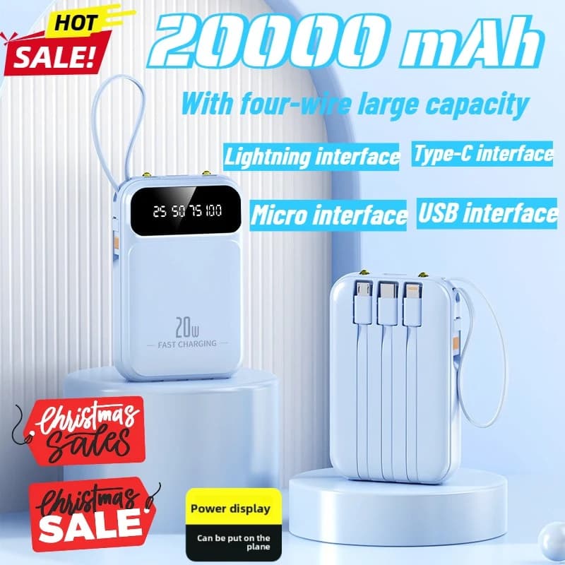 4-In-1 Power Bank 20000mah Built-In Cable 20W Fast Charging Powerbank Waterproof Portable Mobile Phone External Battery Charger