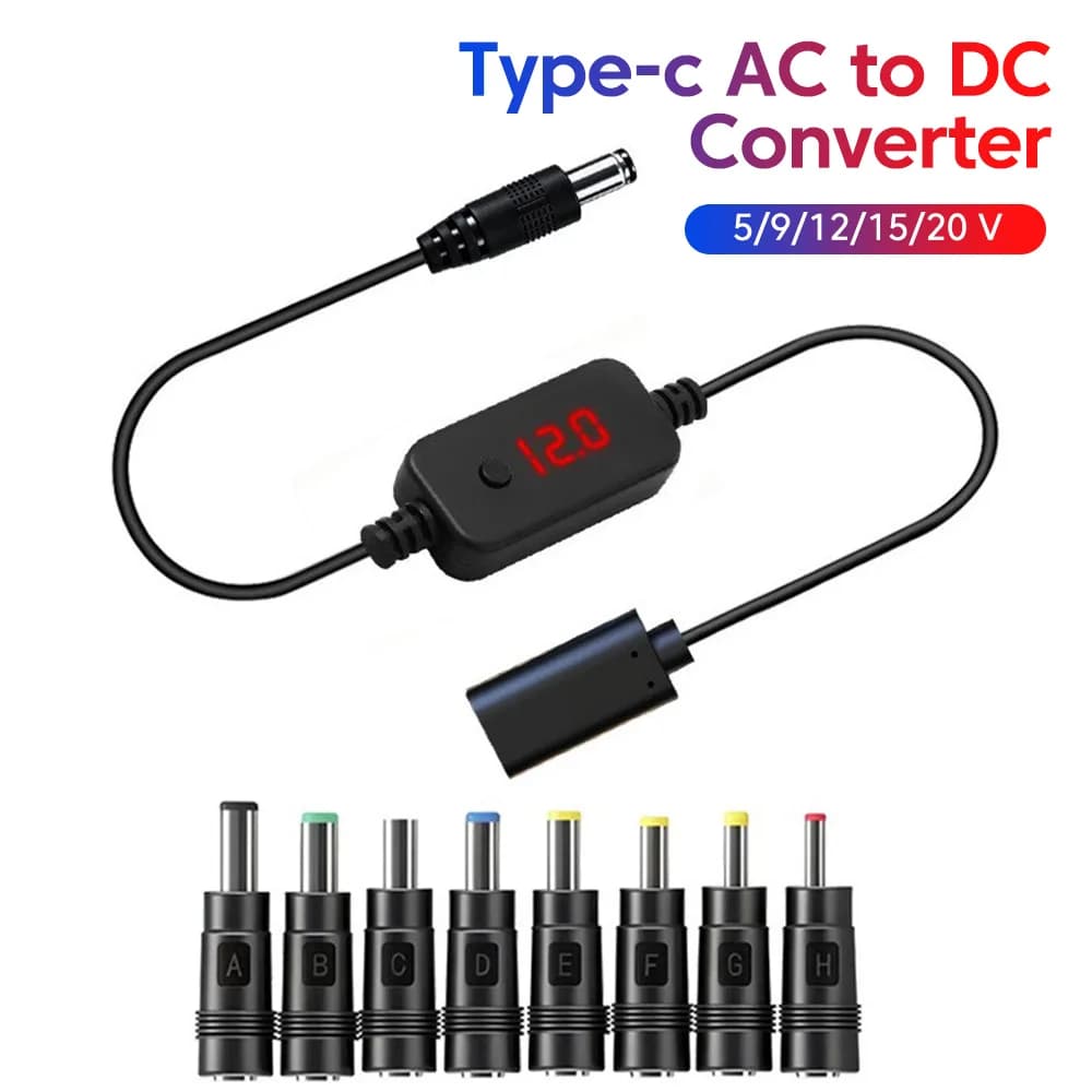 Type-c AC To DC Boost Cable Adjustable To 5/9/12/15/20V Fast Charging For Laptops USB C Male To DC Male Converter For Louter Fan