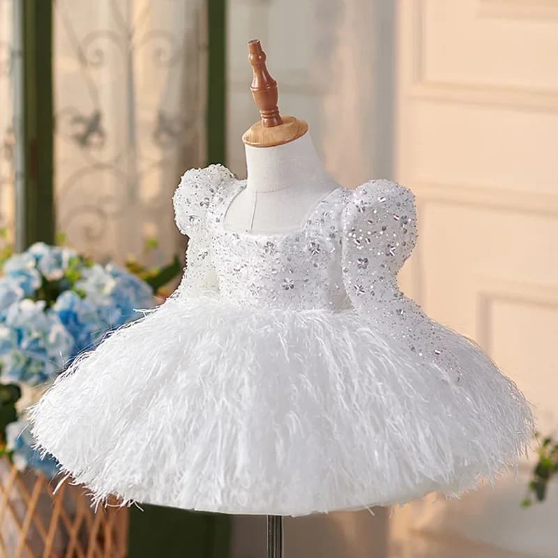 Bridesmaid Dress for Flower Girls Princess Weddings Luxurious Kids Sequin Hostess Costume Matching Children Feather Gown Outfit