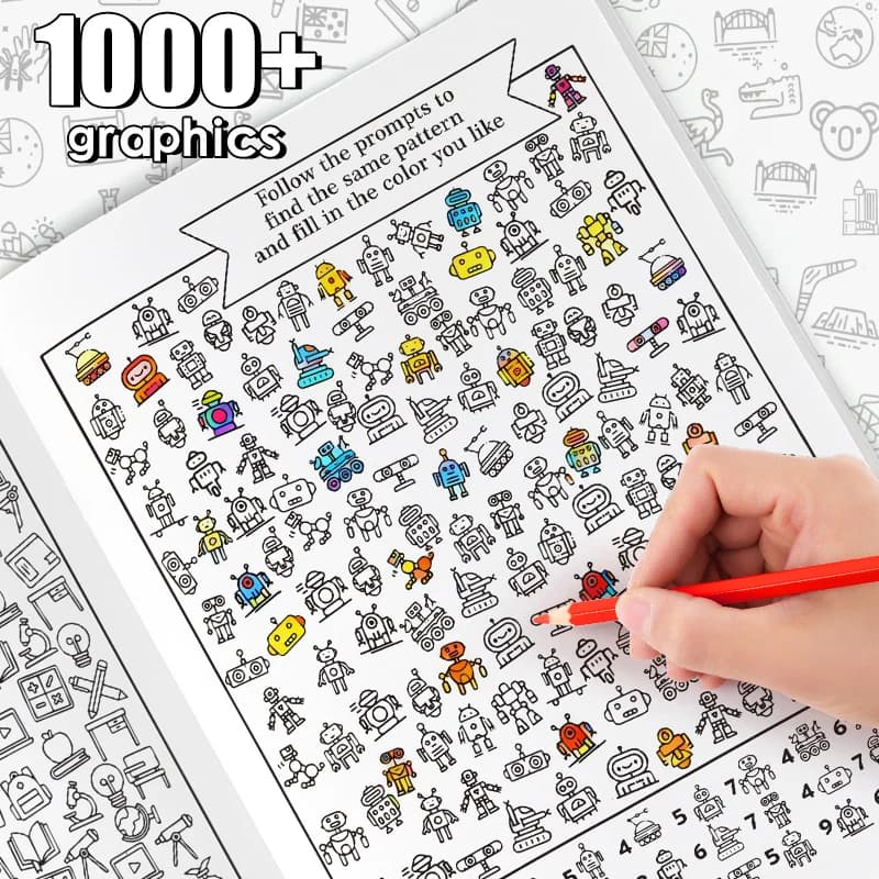 Educational books for children, such as those for finding hidden items, enhancing attention, and coloring books