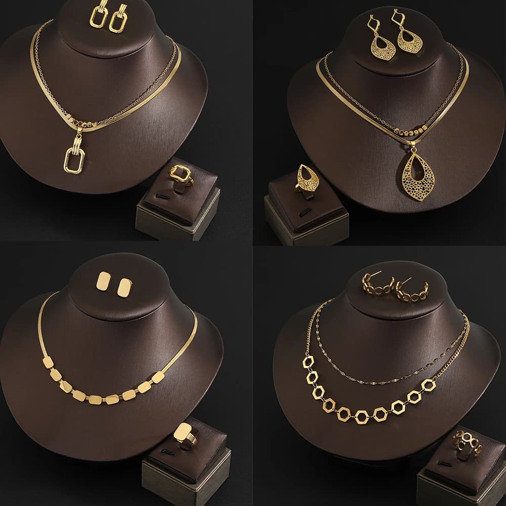 Fine Jewelry Set Stainless steel double layer clavicle chain Necklace+Earrings + Ring Gold Jewelry Sets For Women Charm Jewelry