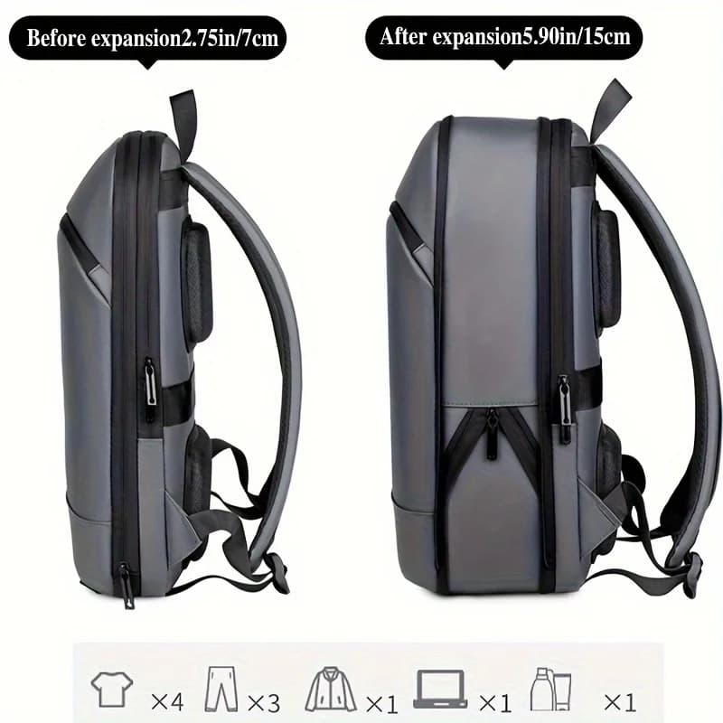 One men's plain business backpack with a luggage strap for commuting.