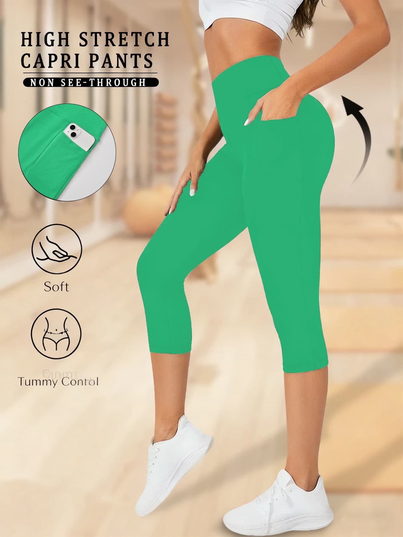 Women Capri Pants with Pockets 5 Inch High Waisted Super Soft No See Through Tummy Control Running Yoga