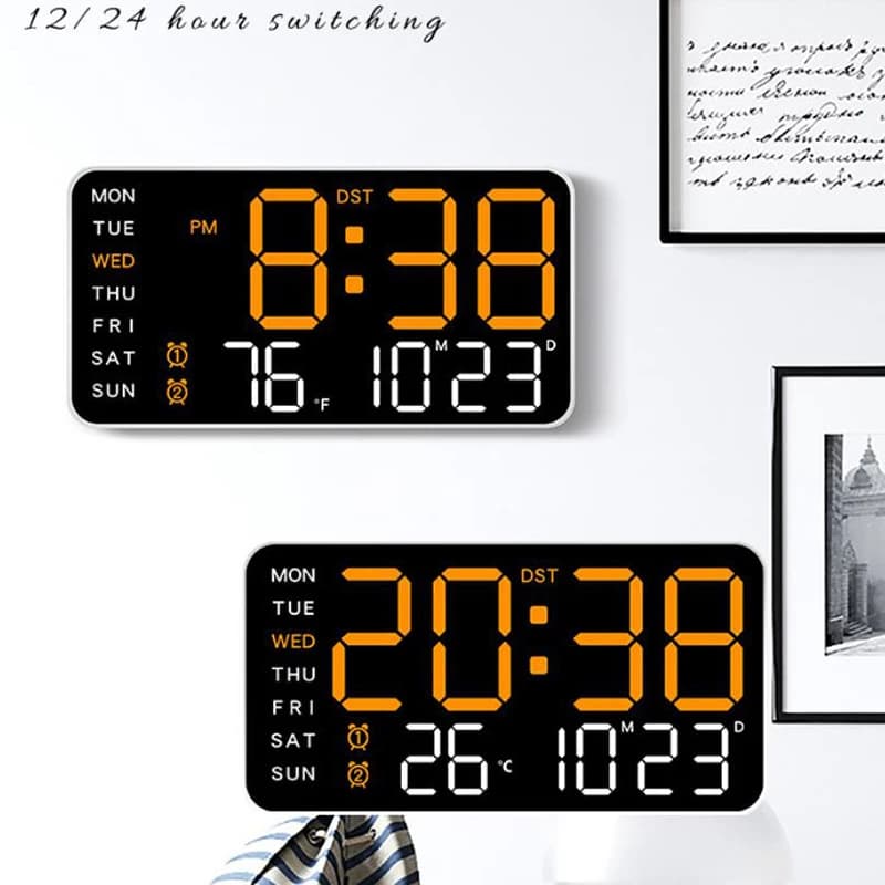 Large Digital Wall Clock Week Date Temperature Display Voice Control Table LED Alarm Clocks Brightness Adjustable 12/24H Clock