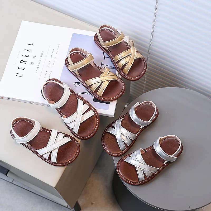 Girls Sandals Soild Color Versatile Kids Princess Shoes Open Toes Hook&loop 2025 Summer New Girls Beach Shoes Non-slip Soft Sole
