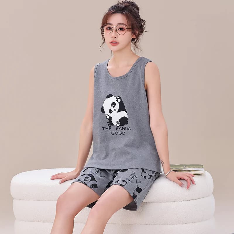 Summer Vest Pajamas For Young Girls Sleepwear Cartoon Print Shorts Set Sleeveless Night Wear Big Yards M-XXXL Female Sleep Wear