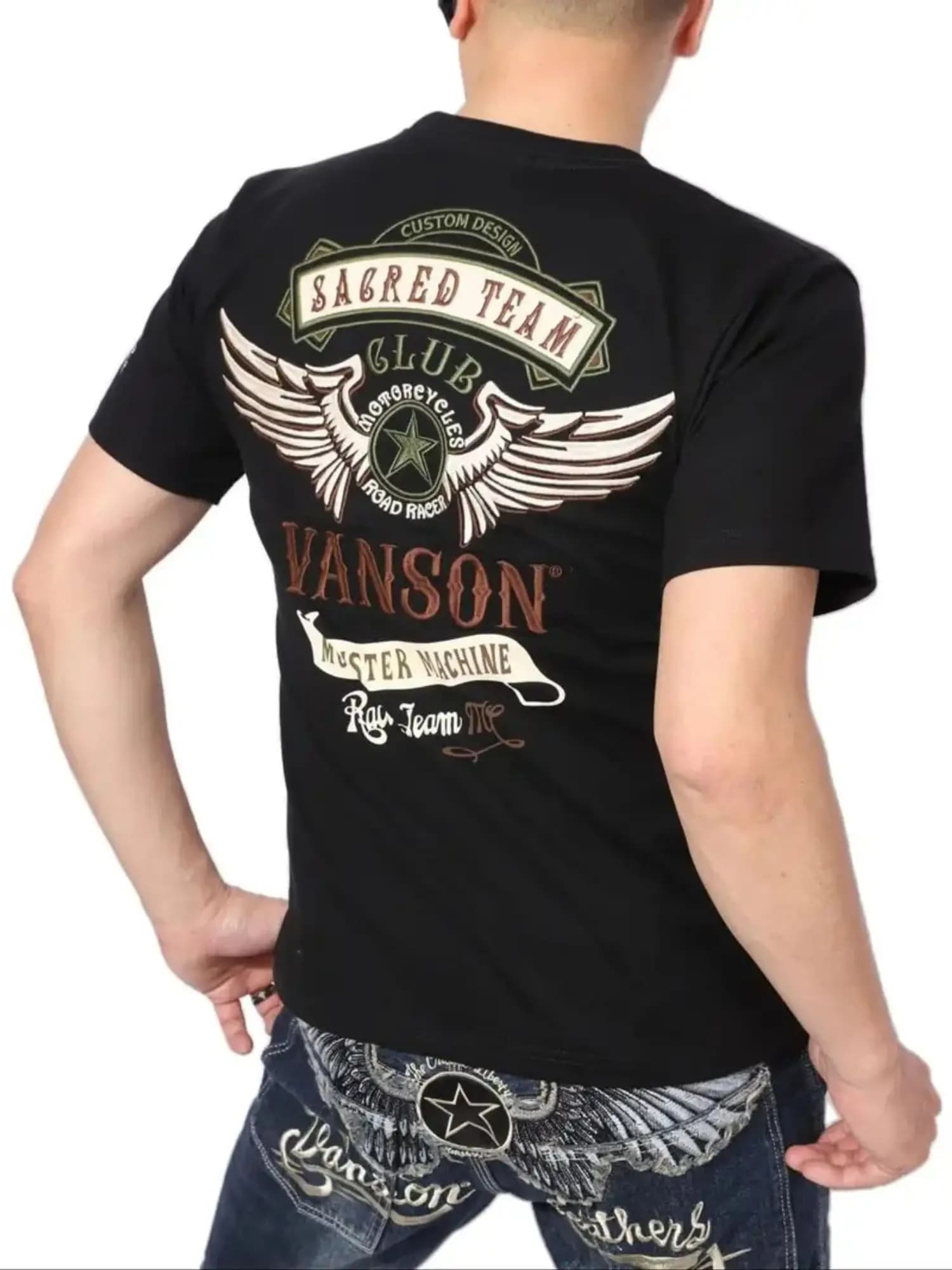 Men's T-shirt - Black Casual Short-sleeved Top with White and Red Wing Design, Suitable for Daily Wear, Gym Trips and Parties