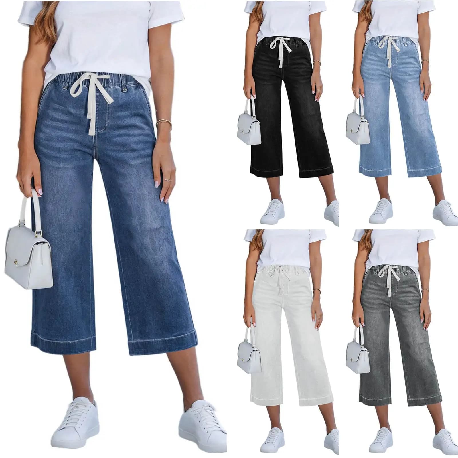 Capri Pants For Women Summer Drawstring Elastic Waist Jeans Female Straight Casual Wide Leg Trousers Streetwear Denim Capris