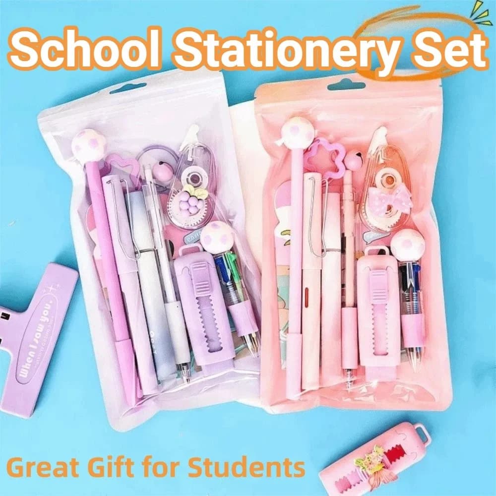 Cartoon School Stationery Set 6 Color Pens Stick Note Student Tools Gift Kit Eraser Large Capacity Learning Gift Box