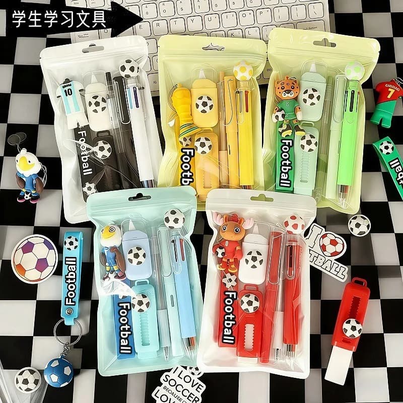 Soccer Sport Stationery Kit Cute Football Themed School Supplies Set With Pens Eraser Correction Tape Keychain Gift For Boys Tee