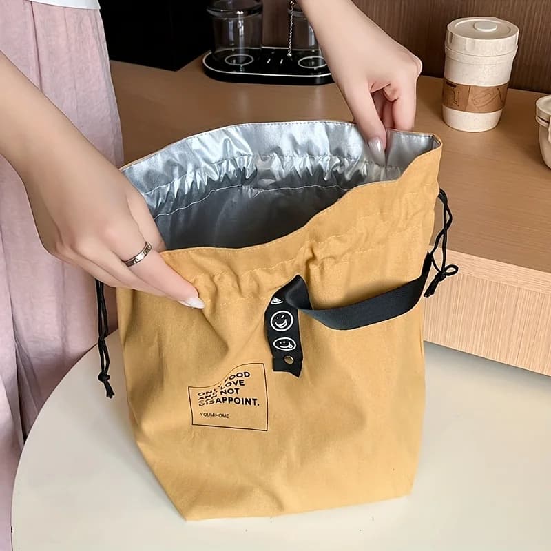 Japanese-Style Lunch Box Tote Bag, Insulated Bento Bag with Drawstring Closure, Non-Food Contact,