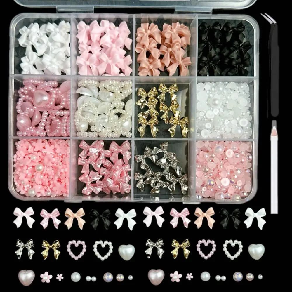 1 Set Nail Art Decorations Kit, Resin Bow Charms and Pearls in Mixed Sizes, DIY Manicure Accessories, Nail Art Supplies with box