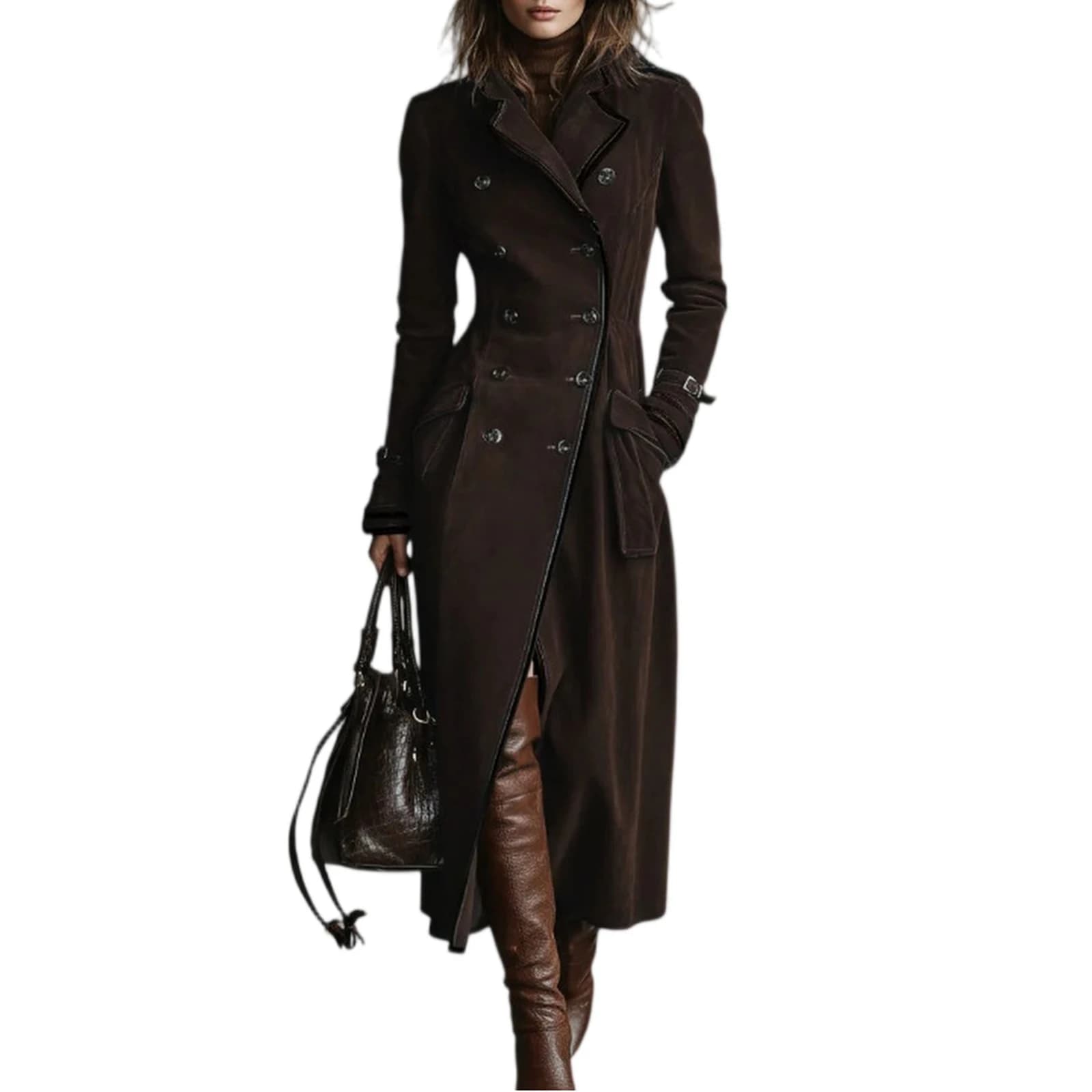 Trench Coat Women Chocolate Suede Double-Breasted Long Trench Coat Elegant Office Daily Outing 2026 Trendy Tops Nuevo Estilo